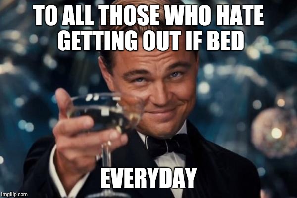 Leonardo Dicaprio Cheers Meme | TO ALL THOSE WHO HATE GETTING OUT IF BED EVERYDAY | image tagged in memes,leonardo dicaprio cheers | made w/ Imgflip meme maker