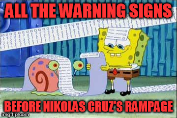 but guns are the problem lol | ALL THE WARNING SIGNS; BEFORE NIKOLAS CRUZ'S RAMPAGE | image tagged in spongebob's list | made w/ Imgflip meme maker