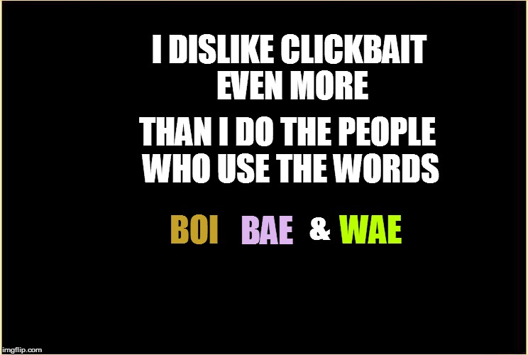 I DISLIKE CLICKBAIT EVEN MORE WAE THAN I DO THE PEOPLE WHO USE THE WORDS BOI & BAE | made w/ Imgflip meme maker