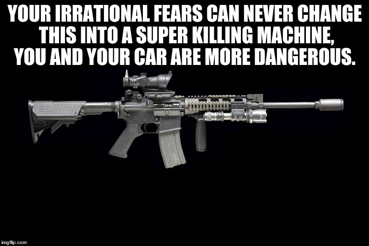 Ar15 | YOUR IRRATIONAL FEARS CAN NEVER CHANGE THIS INTO A SUPER KILLING MACHINE, YOU AND YOUR CAR ARE MORE DANGEROUS. | image tagged in ar15 | made w/ Imgflip meme maker