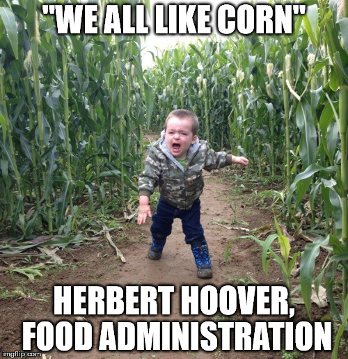 Corn Maze Kid | "WE ALL LIKE CORN"; HERBERT HOOVER, FOOD ADMINISTRATION | image tagged in corn maze kid | made w/ Imgflip meme maker