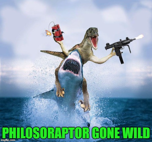 Sometimes philosophy doesn't have the answers!!! |  PHILOSORAPTOR GONE WILD | image tagged in raptor riding shark,memes,philosoraptor,funny,gone wild,animals | made w/ Imgflip meme maker