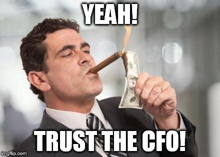 rich guy burning money | YEAH! TRUST THE CFO! | image tagged in rich guy burning money | made w/ Imgflip meme maker