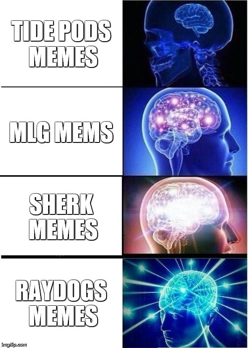 Expanding Brain | TIDE PODS MEMES; MLG MEMS; SHERK MEMES; RAYDOGS MEMES | image tagged in memes,expanding brain | made w/ Imgflip meme maker