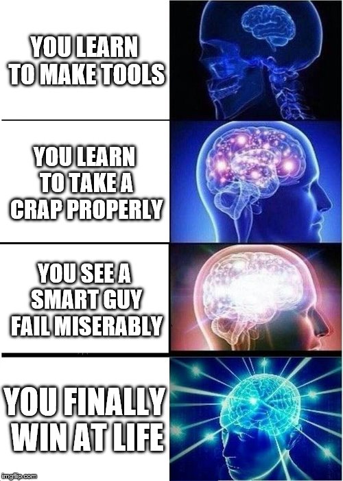 Expanding Brain | YOU LEARN TO MAKE TOOLS; YOU LEARN TO TAKE A CRAP PROPERLY; YOU SEE A SMART GUY FAIL MISERABLY; YOU FINALLY WIN AT LIFE | image tagged in memes,expanding brain | made w/ Imgflip meme maker