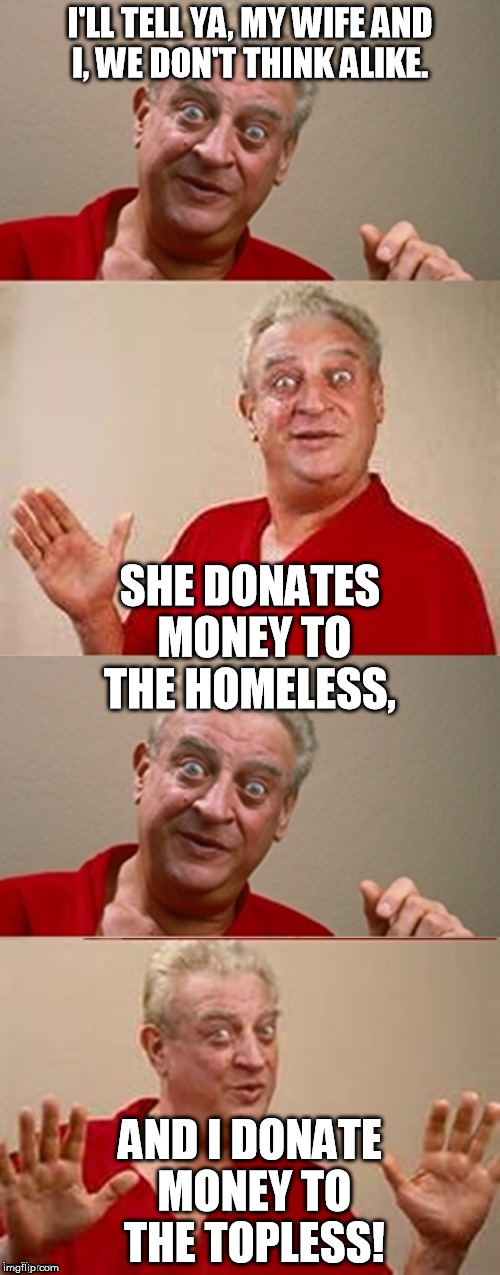 I'LL TELL YA, MY WIFE AND I, WE DON'T THINK ALIKE. SHE DONATES MONEY TO THE HOMELESS, AND I DONATE MONEY TO THE TOPLESS! | image tagged in rodney 4 panel | made w/ Imgflip meme maker