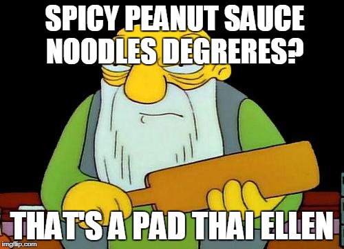 That's a paddlin' | SPICY PEANUT SAUCE NOODLES DEGRERES? THAT'S A PAD THAI ELLEN | image tagged in memes,that's a paddlin' | made w/ Imgflip meme maker
