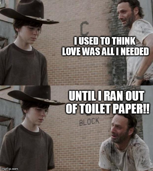 Rick and Carl Meme | I USED TO THINK LOVE WAS ALL I NEEDED; UNTIL I RAN OUT OF TOILET PAPER!! | image tagged in memes,rick and carl | made w/ Imgflip meme maker