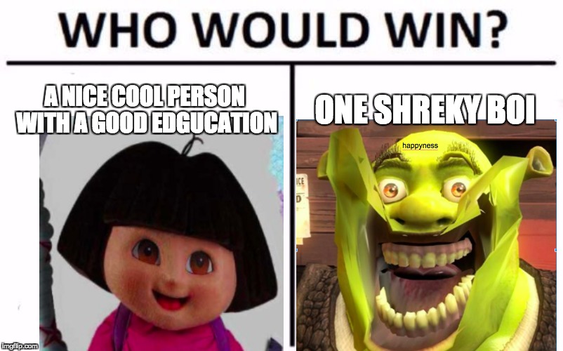 Who Would Win? | A NICE COOL PERSON WITH A GOOD EDGUCATION; ONE SHREKY BOI | image tagged in memes,who would win | made w/ Imgflip meme maker
