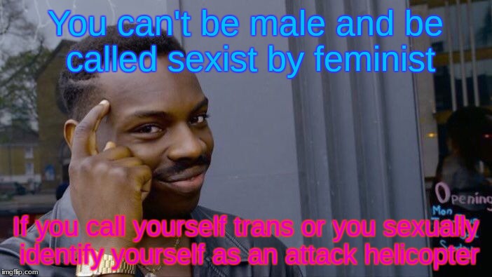 Best wae to avoid feminist | You can't be male and be called sexist by feminist If you call yourself trans or you sexually identify yourself as an attack helicopter | image tagged in memes,roll safe think about it,funny,feminist,feminism,you can't if you don't | made w/ Imgflip meme maker