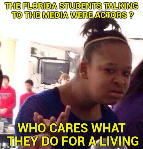 Someone missed what is important here | THE FLORIDA STUDENTS TALKING TO THE MEDIA WERE ACTORS ? WHO CARES WHAT THEY DO FOR A LIVING | image tagged in memes,black girl wat,special kind of stupid,mainstream media | made w/ Imgflip meme maker