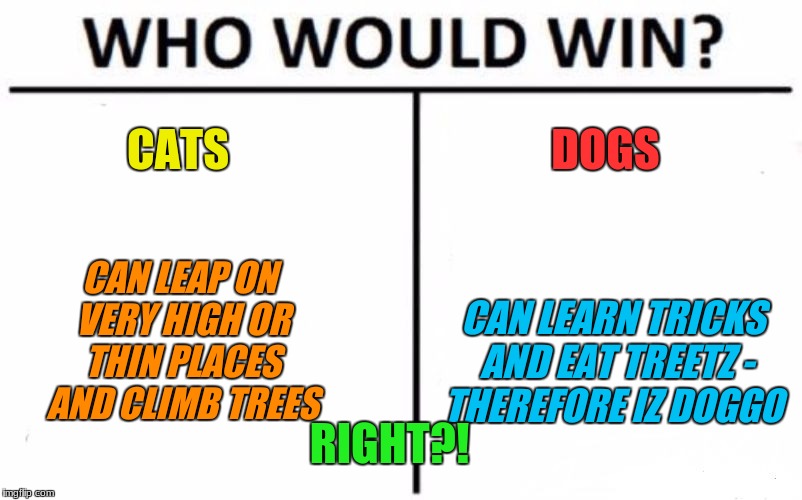 Who Would Win? Meme | RIGHT?! CATS; DOGS; CAN LEAP ON VERY HIGH OR THIN PLACES AND CLIMB TREES; CAN LEARN TRICKS AND EAT TREETZ - THEREFORE IZ DOGGO | image tagged in memes,who would win | made w/ Imgflip meme maker