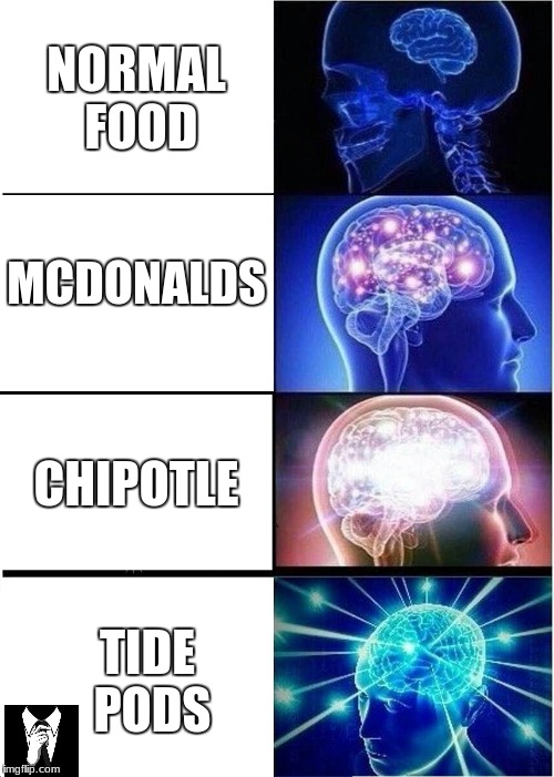 Expanding Brain | NORMAL FOOD; MCDONALDS; CHIPOTLE; TIDE PODS | image tagged in memes,expanding brain | made w/ Imgflip meme maker