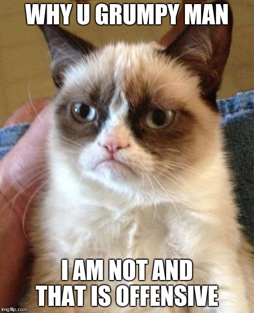 Grumpy Cat | WHY U GRUMPY MAN; I AM NOT AND THAT IS OFFENSIVE | image tagged in memes,grumpy cat | made w/ Imgflip meme maker