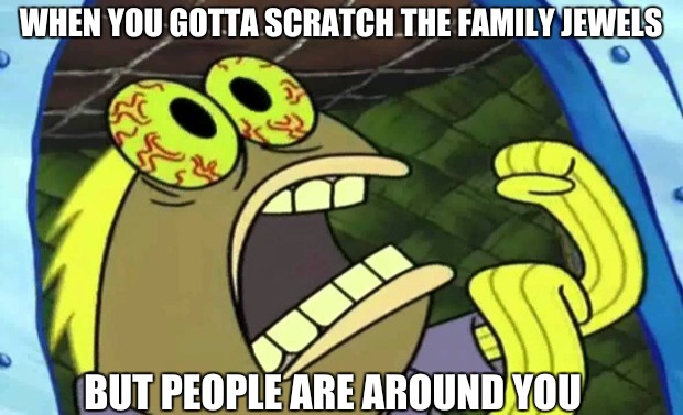 Itch down there | WHEN YOU GOTTA SCRATCH THE FAMILY JEWELS; BUT PEOPLE ARE AROUND YOU | image tagged in scratch,spongebob,chocolate spongebob | made w/ Imgflip meme maker