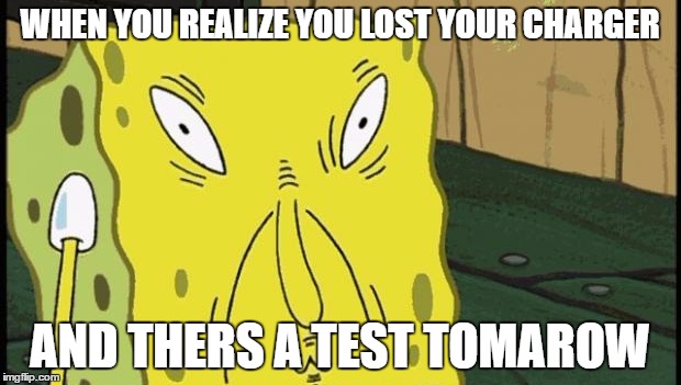 WHEN YOU REALIZE YOU LOST YOUR CHARGER; AND THERS A TEST TOMAROW | image tagged in spongebob | made w/ Imgflip meme maker