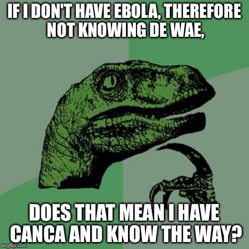 Philosoraptor | IF I DON'T HAVE EBOLA, THEREFORE NOT KNOWING DE WAE, DOES THAT MEAN I HAVE CANCA AND KNOW THE WAY? | image tagged in memes,philosoraptor | made w/ Imgflip meme maker