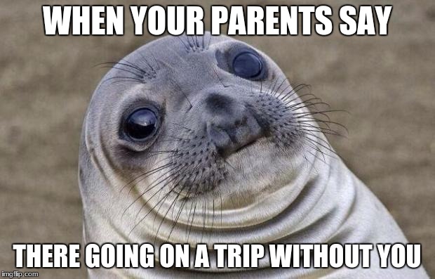 Awkward Moment Sealion Meme | WHEN YOUR PARENTS SAY; THERE GOING ON A TRIP WITHOUT YOU | image tagged in memes,awkward moment sealion | made w/ Imgflip meme maker