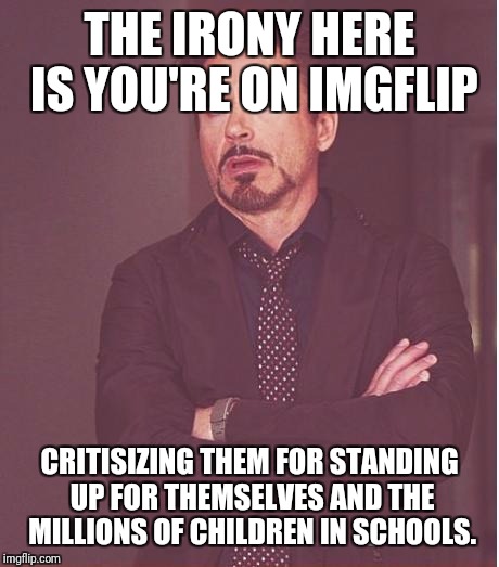 Face You Make Robert Downey Jr Meme | THE IRONY HERE IS YOU'RE ON IMGFLIP CRITISIZING THEM FOR STANDING UP FOR THEMSELVES AND THE MILLIONS OF CHILDREN IN SCHOOLS. | image tagged in memes,face you make robert downey jr | made w/ Imgflip meme maker