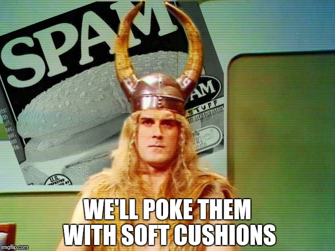 Spam , spam , spam . . . | WE'LL POKE THEM WITH SOFT CUSHIONS | image tagged in spam  spam  spam . . . | made w/ Imgflip meme maker