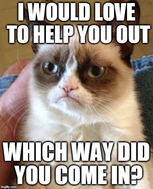 Grumpy Cat | I WOULD LOVE TO HELP YOU OUT; WHICH WAY DID YOU COME IN? | image tagged in memes,grumpy cat | made w/ Imgflip meme maker