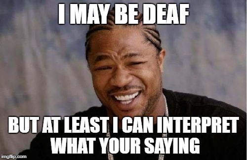 Yo Dawg Heard You Meme | I MAY BE DEAF; BUT AT LEAST I CAN INTERPRET WHAT YOUR SAYING | image tagged in memes,yo dawg heard you | made w/ Imgflip meme maker
