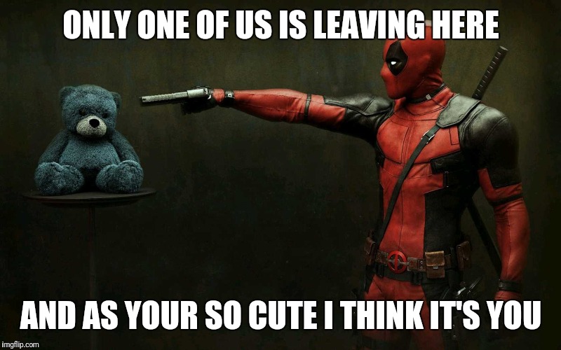 Too cute | ONLY ONE OF US IS LEAVING HERE; AND AS YOUR SO CUTE I THINK IT'S YOU | image tagged in deadpool teddy | made w/ Imgflip meme maker