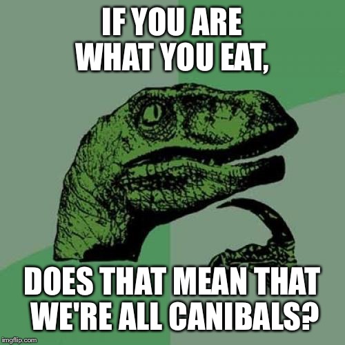 Philosoraptor | IF YOU ARE WHAT YOU EAT, DOES THAT MEAN THAT WE'RE ALL CANIBALS? | image tagged in memes,philosoraptor | made w/ Imgflip meme maker