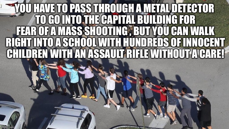 Florida shooting 

 | YOU HAVE TO PASS THROUGH A METAL DETECTOR TO GO INTO THE CAPITAL BUILDING FOR FEAR OF A MASS SHOOTING , BUT YOU CAN WALK RIGHT INTO A SCHOOL WITH HUNDREDS OF INNOCENT CHILDREN WITH AN ASSAULT RIFLE WITHOUT A CARE! | image tagged in florida shooting,mass shooting | made w/ Imgflip meme maker