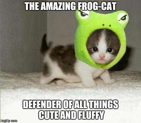 Kitten in Frog hat | THE AMAZING FROG-CAT; DEFENDER OF ALL THINGS CUTE AND FLUFFY | image tagged in kitten in frog hat | made w/ Imgflip meme maker