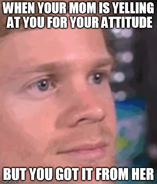 Moms am I right? | WHEN YOUR MOM IS YELLING AT YOU FOR YOUR ATTITUDE; BUT YOU GOT IT FROM HER | image tagged in why | made w/ Imgflip meme maker