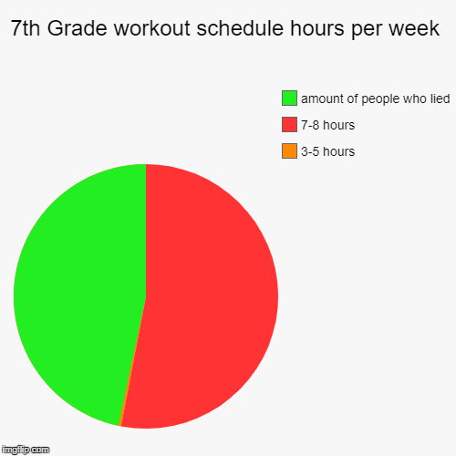 7th grade workout | 7th Grade workout schedule hours per week | 3-5 hours, 7-8 hours, amount of people who lied | image tagged in funny,pie charts,lies,7th grade,workout,workout excuses | made w/ Imgflip chart maker