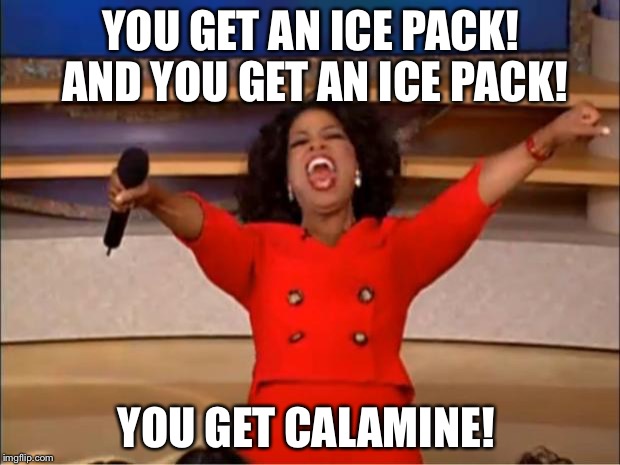 Oprah You Get A | YOU GET AN ICE PACK! AND YOU GET AN ICE PACK! YOU GET CALAMINE! | image tagged in memes,oprah you get a | made w/ Imgflip meme maker