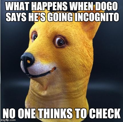 WHAT HAPPENS WHEN DOGO SAYS HE'S GOING INCOGNITO; NO ONE THINKS TO CHECK | image tagged in king_goat's template | made w/ Imgflip meme maker