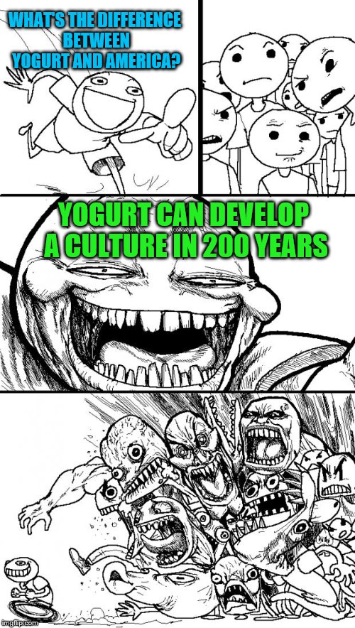 just kidding | WHAT'S THE DIFFERENCE BETWEEN YOGURT AND AMERICA? YOGURT CAN DEVELOP A CULTURE IN 200 YEARS | image tagged in memes,hey internet,roast,roasted,america,yogurt | made w/ Imgflip meme maker