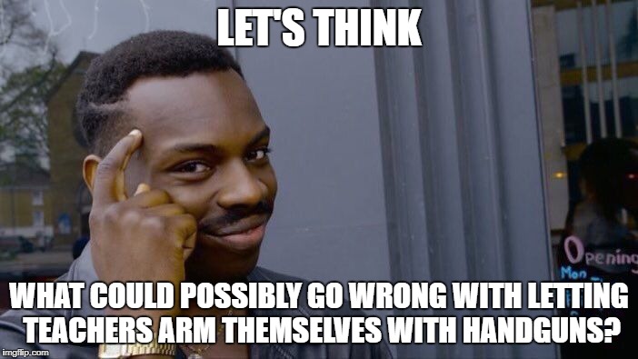 Roll Safe Think About It | LET'S THINK; WHAT COULD POSSIBLY GO WRONG WITH LETTING TEACHERS ARM THEMSELVES WITH HANDGUNS? | image tagged in memes,roll safe think about it | made w/ Imgflip meme maker