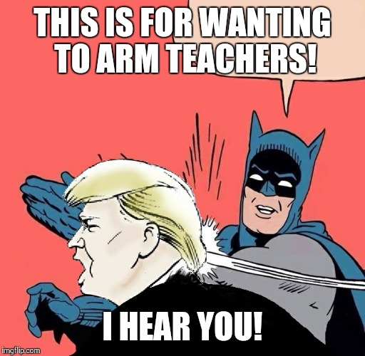 Batman slaps Trump | THIS IS FOR WANTING TO ARM TEACHERS! I HEAR YOU! | image tagged in batman slaps trump | made w/ Imgflip meme maker