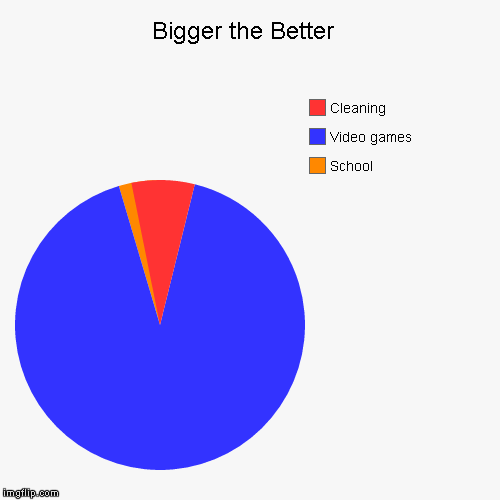Bigger the Better  | School, Video games, Cleaning | image tagged in funny,pie charts | made w/ Imgflip chart maker