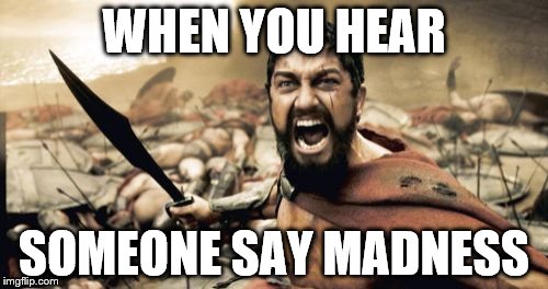 Sparta Leonidas | WHEN YOU HEAR; SOMEONE SAY MADNESS | image tagged in memes,sparta leonidas | made w/ Imgflip meme maker