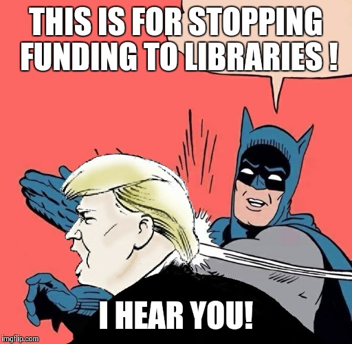Batman slaps Trump | THIS IS FOR STOPPING FUNDING TO LIBRARIES ! I HEAR YOU! | image tagged in batman slaps trump | made w/ Imgflip meme maker
