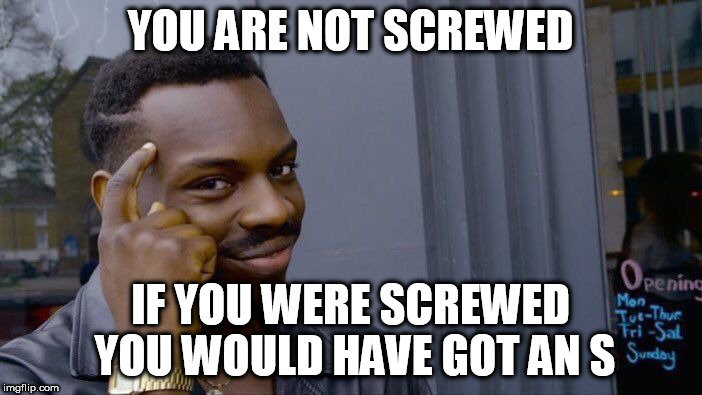 Roll Safe Think About It Meme | YOU ARE NOT SCREWED IF YOU WERE SCREWED YOU WOULD HAVE GOT AN S | image tagged in memes,roll safe think about it | made w/ Imgflip meme maker