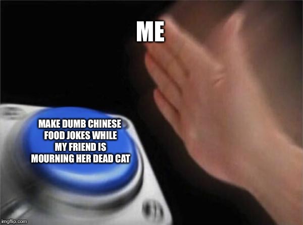 Blank Nut Button Meme | ME; MAKE DUMB CHINESE FOOD JOKES WHILE MY FRIEND IS MOURNING HER DEAD CAT | image tagged in memes,blank nut button | made w/ Imgflip meme maker