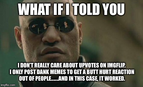 Matrix Morpheus Meme | WHAT IF I TOLD YOU I DON’T REALLY CARE ABOUT UPVOTES ON IMGFLIP. I ONLY POST DANK MEMES TO GET A BUTT HURT REACTION OUT OF PEOPLE.......AND  | image tagged in memes,matrix morpheus | made w/ Imgflip meme maker