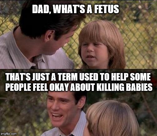 "Pregnancy tissue" is another.  |  DAD, WHAT'S A FETUS; THAT'S JUST A TERM USED TO HELP SOME PEOPLE FEEL OKAY ABOUT KILLING BABIES | image tagged in memes,thats just something x say | made w/ Imgflip meme maker