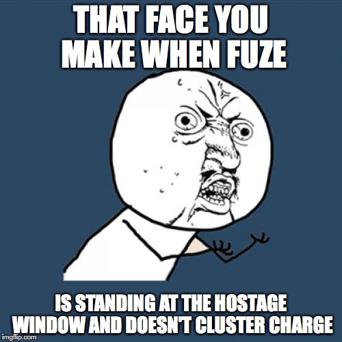Y U No Meme | THAT FACE YOU MAKE WHEN FUZE; IS STANDING AT THE HOSTAGE WINDOW AND DOESN'T CLUSTER CHARGE | image tagged in memes,y u no | made w/ Imgflip meme maker