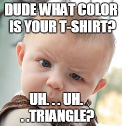 Skeptical Baby Meme | DUDE WHAT COLOR IS YOUR T-SHIRT? UH. . . UH. . .TRIANGLE? | image tagged in memes,skeptical baby | made w/ Imgflip meme maker