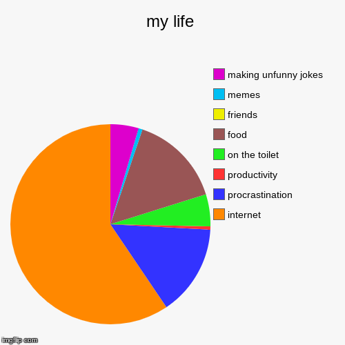 my life | internet, procrastination, productivity, on the toilet, food, friends, memes, making unfunny jokes | image tagged in funny,pie charts | made w/ Imgflip chart maker