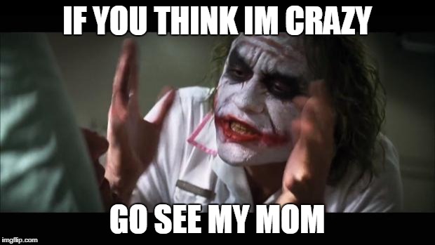 And everybody loses their minds Meme | IF YOU THINK IM CRAZY; GO SEE MY MOM | image tagged in memes,and everybody loses their minds | made w/ Imgflip meme maker