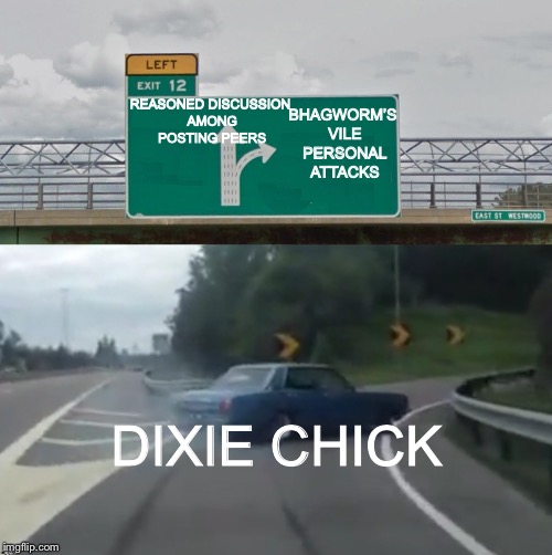 Left Exit 12 High Resolution | BHAGWORM’S VILE PERSONAL ATTACKS; REASONED DISCUSSION AMONG POSTING PEERS; DIXIE CHICK | image tagged in left exit 12 high resolution | made w/ Imgflip meme maker