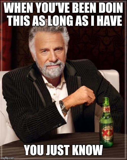 The Most Interesting Man In The World | WHEN YOU'VE BEEN DOIN THIS AS LONG AS I HAVE; YOU JUST KNOW | image tagged in memes,the most interesting man in the world | made w/ Imgflip meme maker